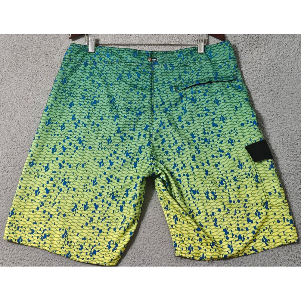 Pelagic Board Shorts Mens 36 Dorado Green Yellow Blue Mahi Print Fishing Trunks - Picture 2 of 5